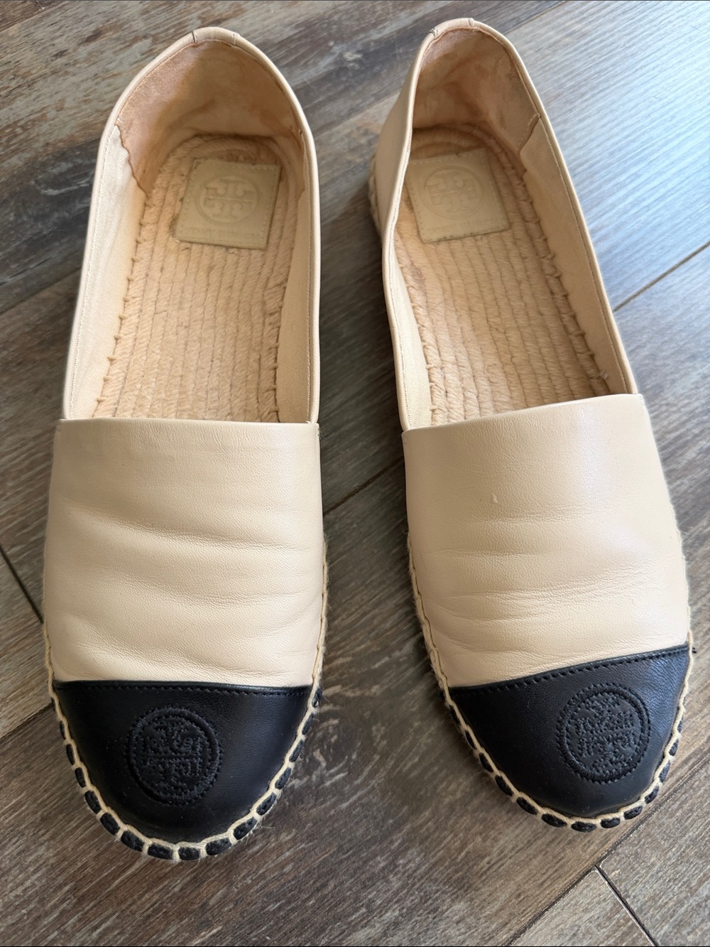 Tory Burch Beige Leather Espadrilles with Black Toe Cap